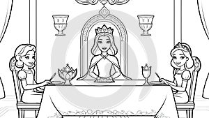 Coloring page Princess family at the dinner table